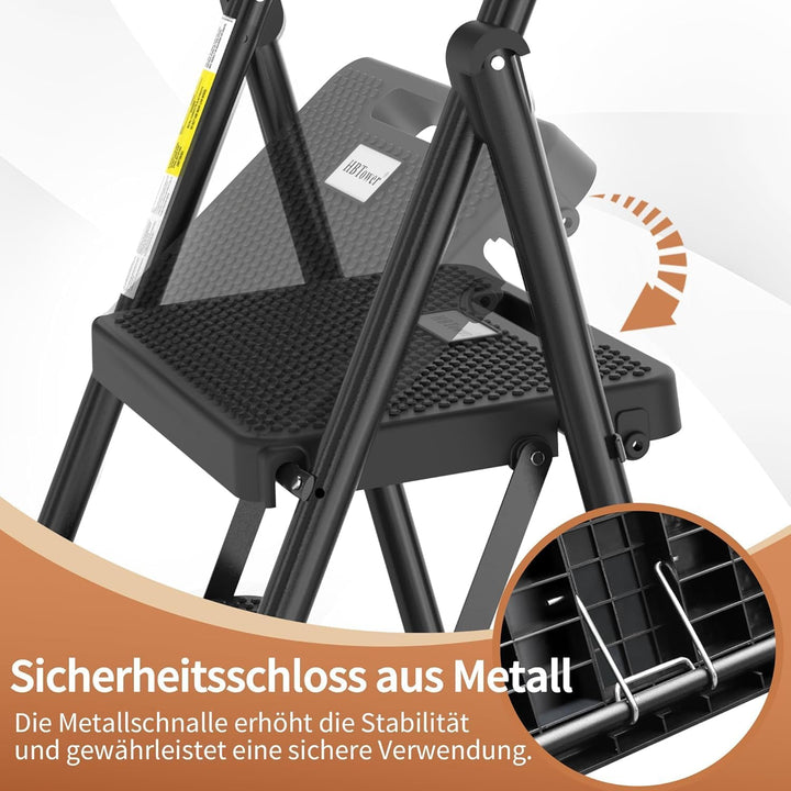 HBTower Trittleiter 3 Stufen klappbar, Leiter mit Breitem Anti-Rutsch-Pedal, Trittleiter mit Bequeme
