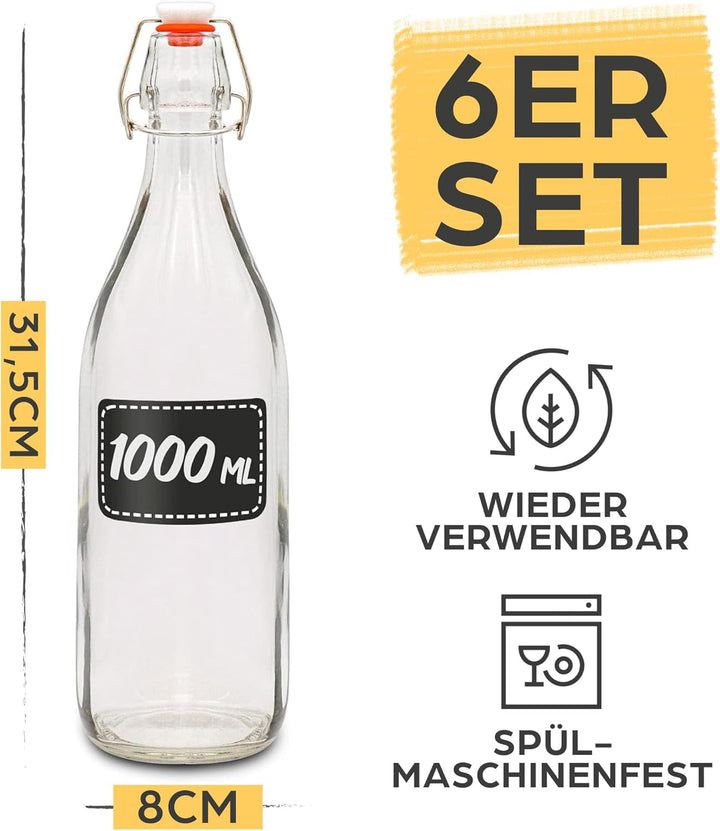 Praknu 6er Set Glasflaschen 1l mit Bügelverschluss - Bügelflaschen Zum Befüllen - inkl 6 Extra Dicht