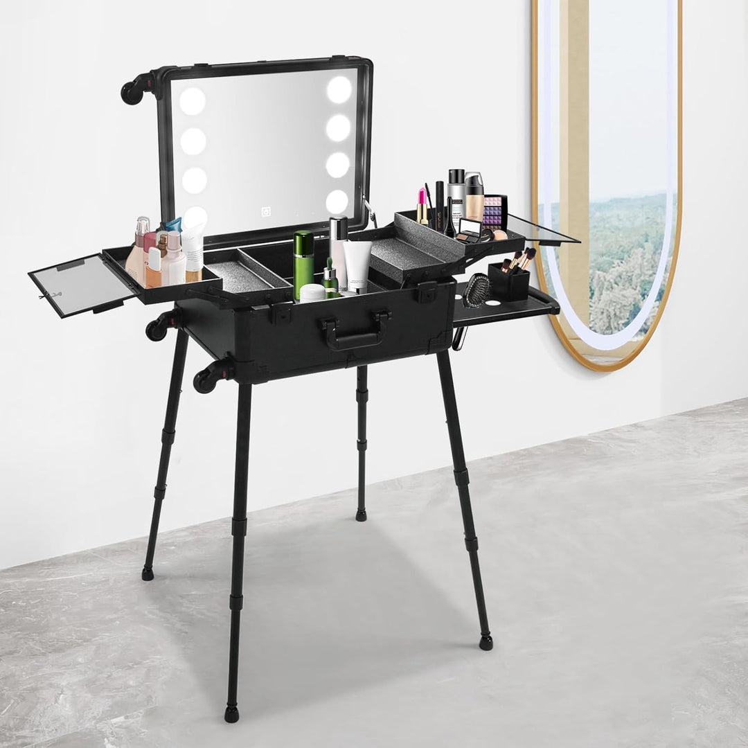 Profi Kosmetikkoffer Trolley, Multifunktional Schminkkoffer, Make Up Koffer mit Spiegel und LED Lich