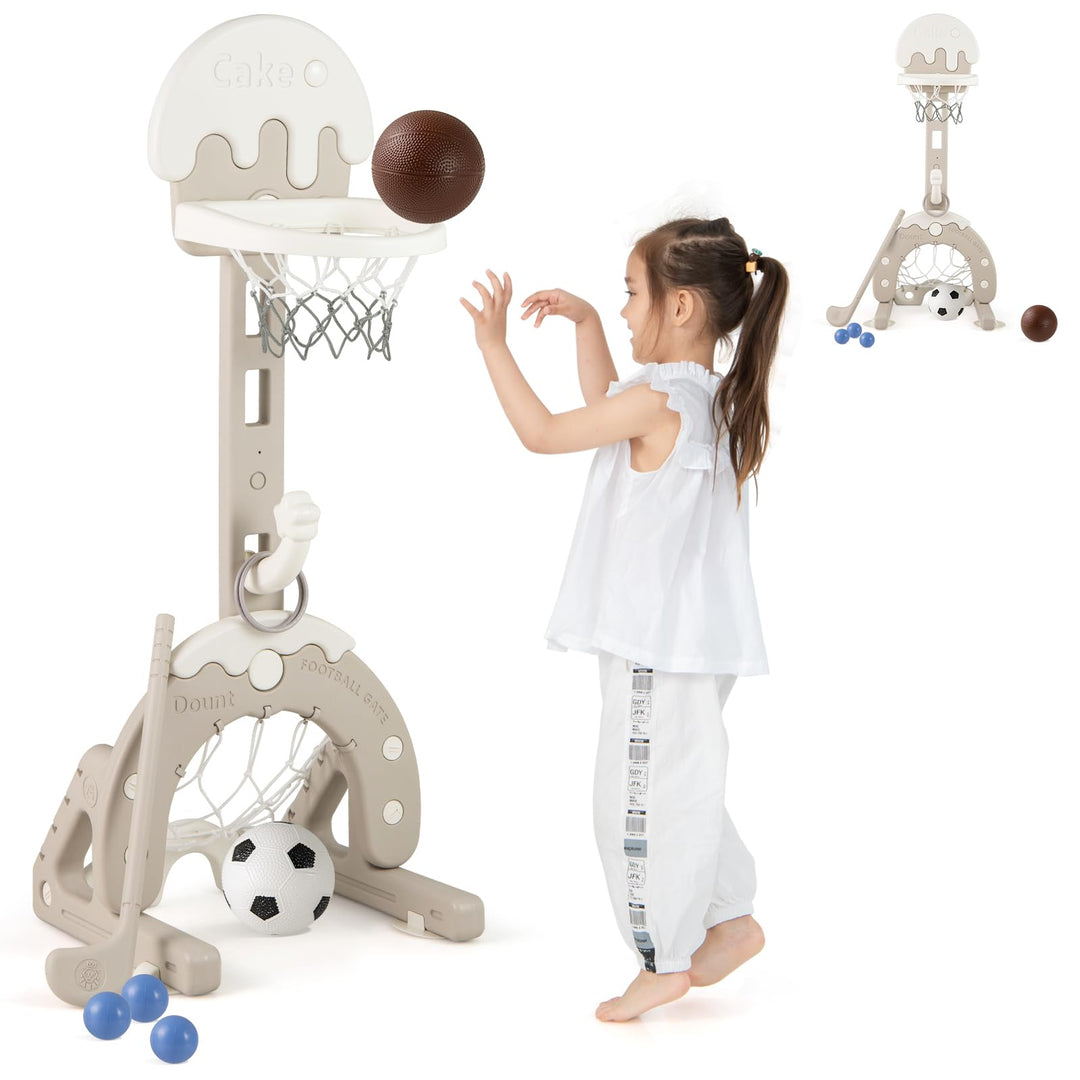 HOMASIS 4 in 1 Kinder Basketballkorb Set, multifunktional Basketballständer mit Fussballtor & Golf &