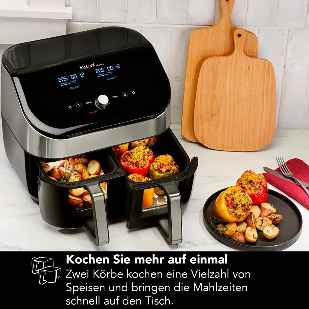 Instant Vortex Plus Doppelkorb mit ClearCook - 7.6L Digitale Heissluftfritteuse, Edelstahl, 8-in-1 S