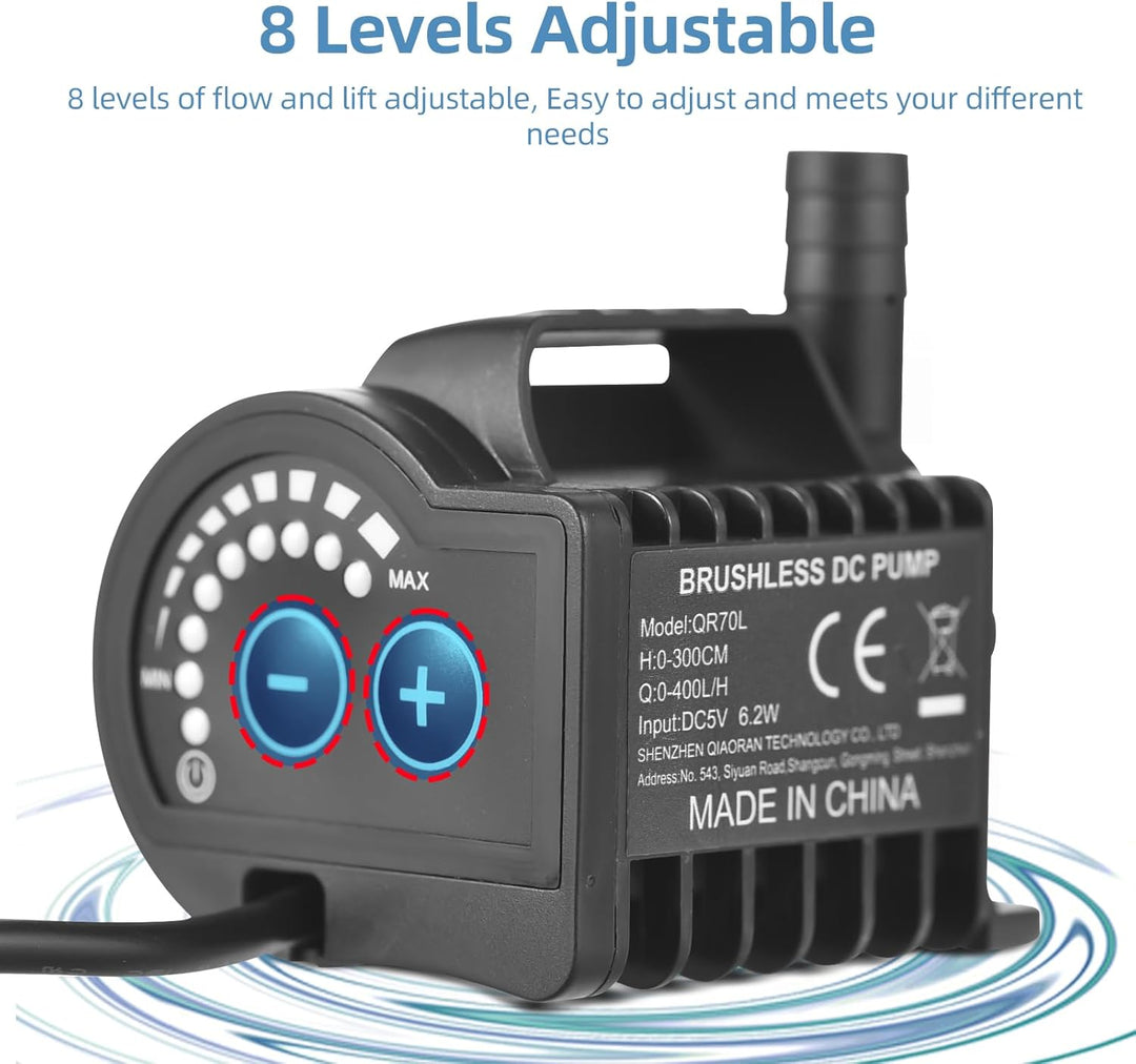 Elektrische Wasserpumpe, QR70L 5V 6.2W 0-400L/H Mikro Tauchwasserpumpe, 8 Stufen Einstellbar Drehzah