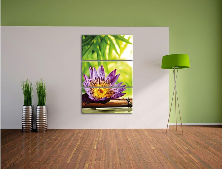 Pixxprint Seerose auf Bambus Wellness 3-Teiler Leinwandbild 120x80 Bild auf Leinwand