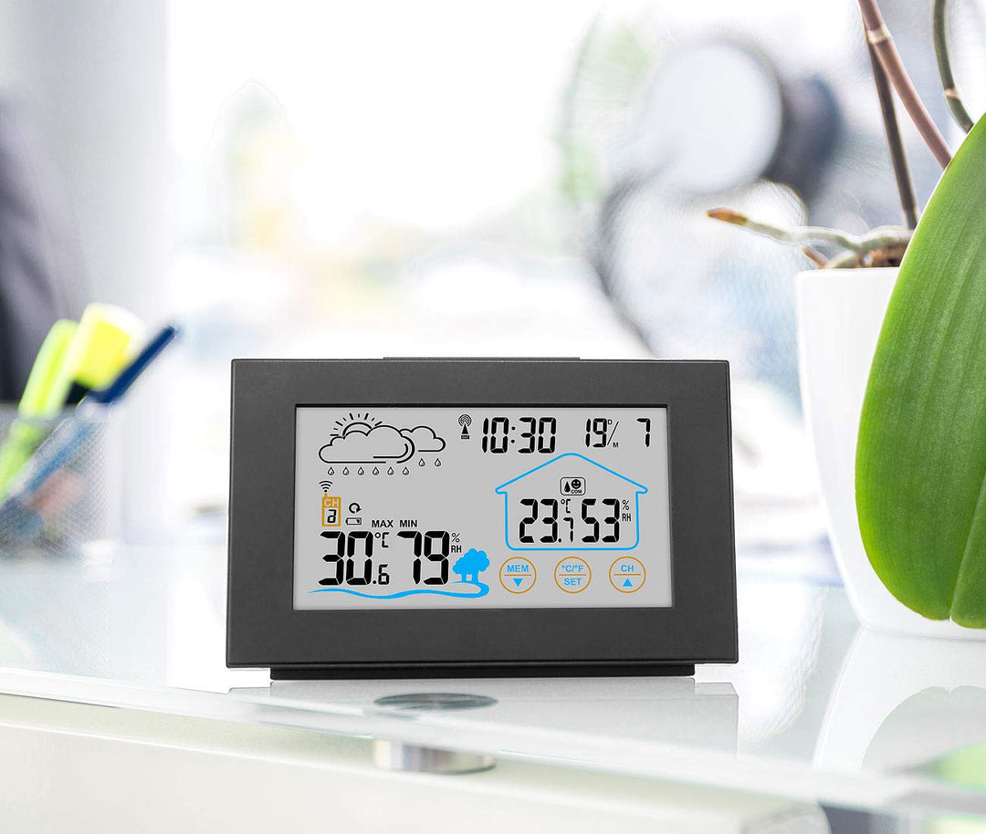 infactory Indoor Wetterstation: Funk-Wetterstation mit Aussensensor, Display-Touchfunktion, Wettertr