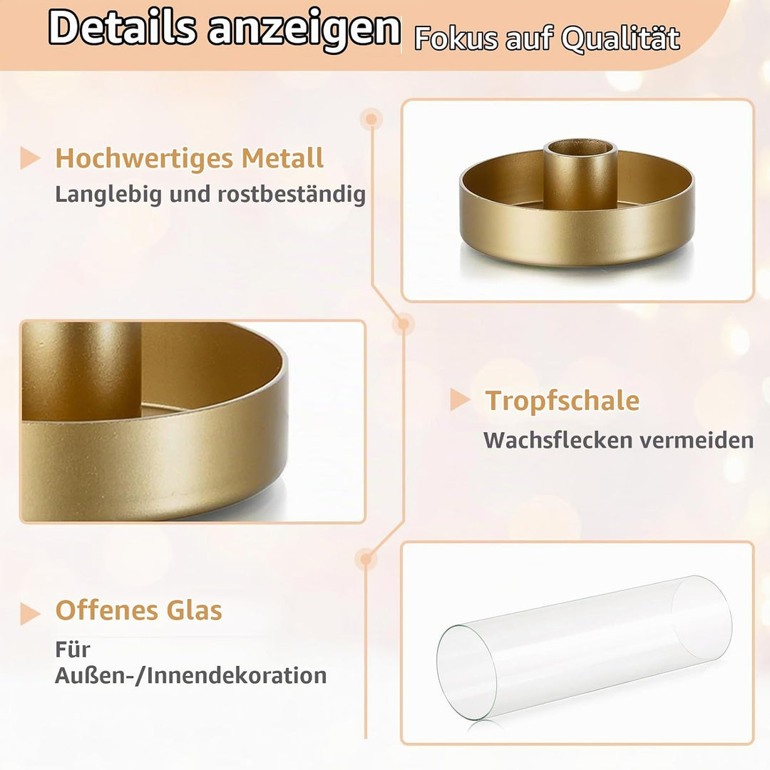 NUPTIO Kerzenständer Goldene Glaszylinder Metall- 10 Stücke Kegel Kerzenhalter Stabkerze Pack Kerzen