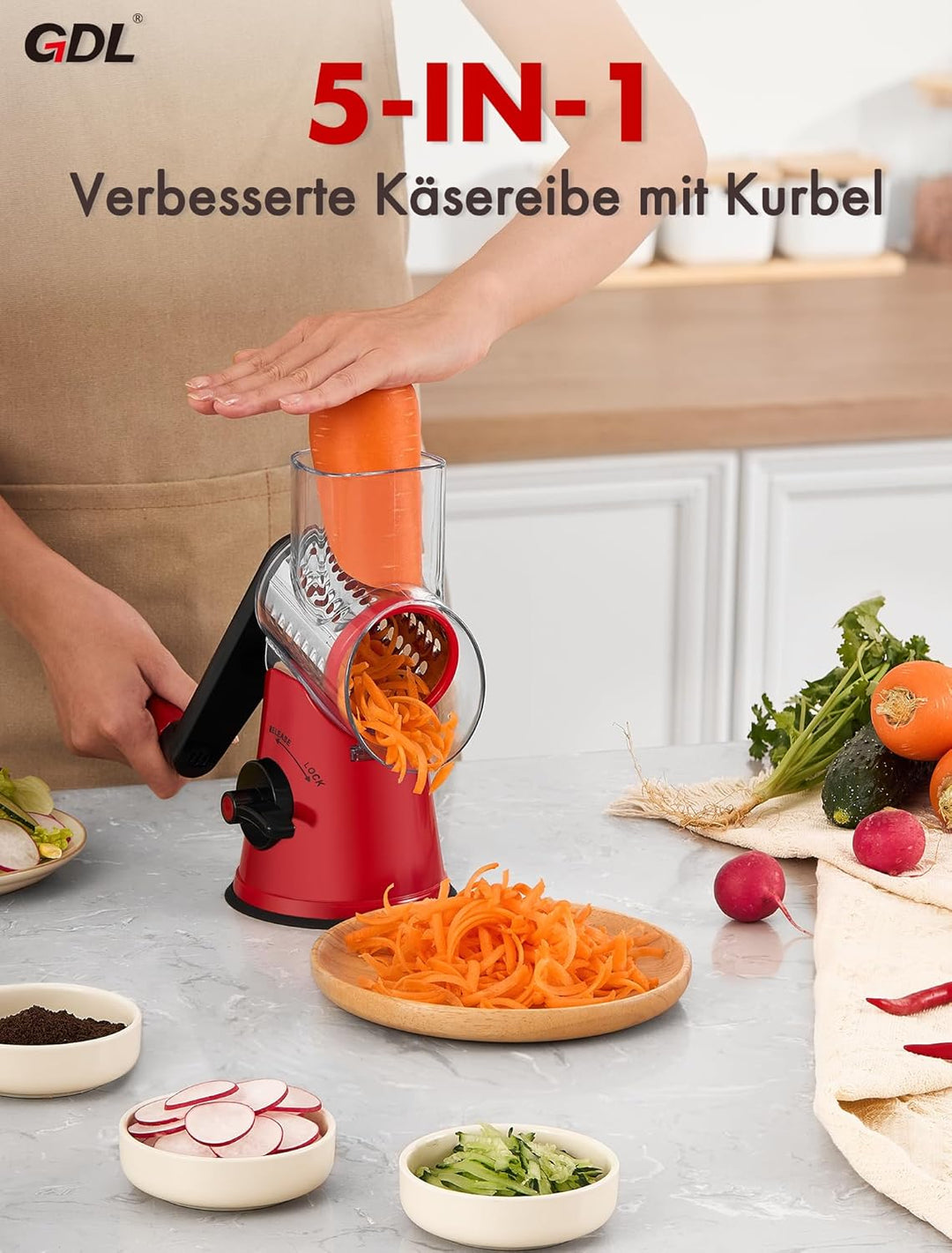 GDL Käsereibe mit Kurbel, Aktualisiert Reibe für Gemüse mit 5 Trommelblättern, Trommelreibe Gemüsesc