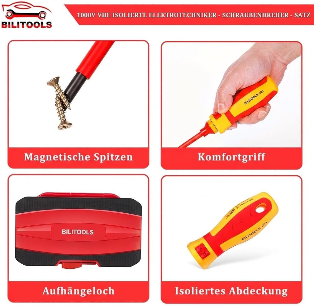 BILITOOLS 13tlg. VDE Schraubendreher Set 1000V, isoliertes Elektriker-Werkzeug für Haus- & KFZ-Elekt
