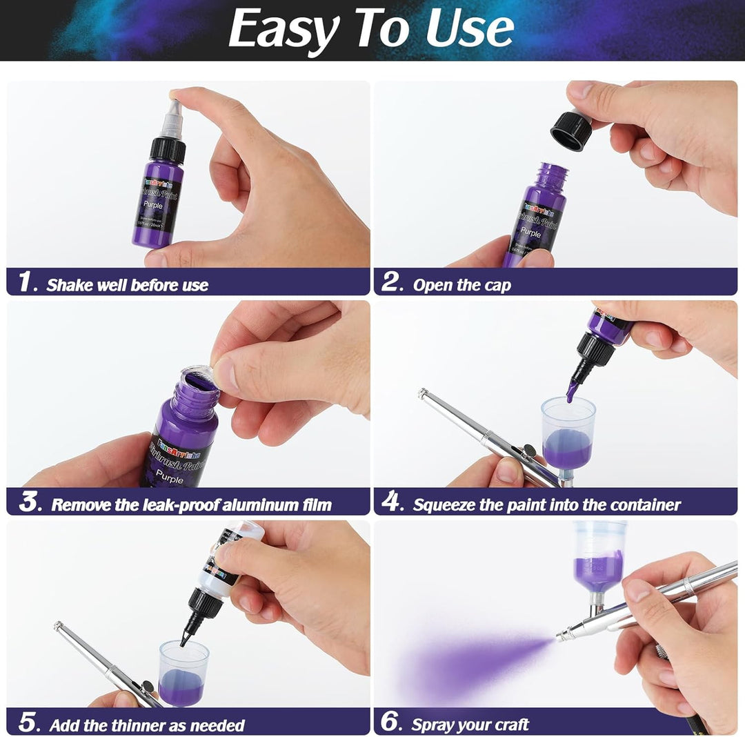 FansArriche Airbrush Farbe, 44 Farben+6 Verdünner, Acryl-Luftpinsel-Set, blickdichte und neon Farben