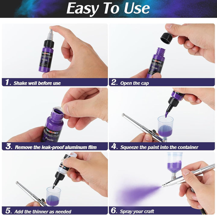 FansArriche Airbrush Farbe, 44 Farben+6 Verdünner, Acryl-Luftpinsel-Set, blickdichte und neon Farben