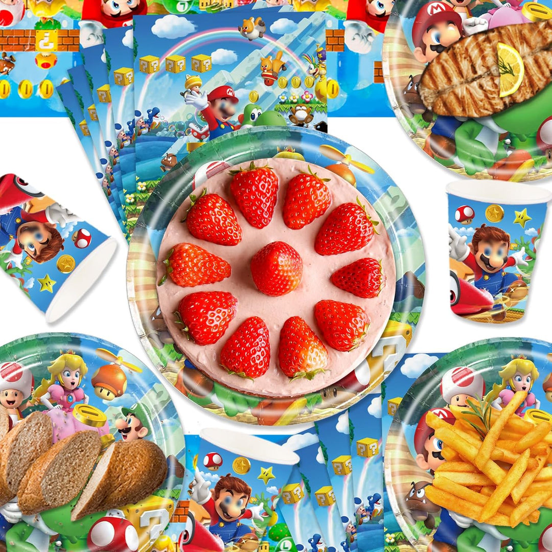 Super Bros Pappteller Kindergeburtstag Deko Jungen Mädchen- Mari Geburtstag Geschirr Set Super Broth