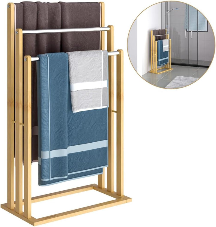 CASARIA® 2er Set Handtuchständer Freistehend Bambus Holz 84 x 46 x 24 cm 3 Edelstahl Stangen Handtuc