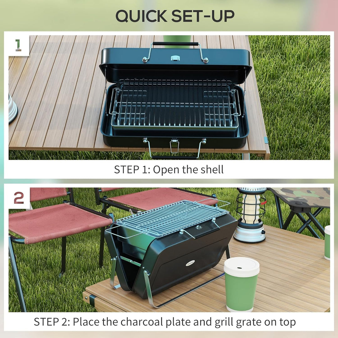 Outsunny Tragbarer Mini-Holzkohlegrill mit Kofferschale, faltbarer Tischgrill für Garten, Camping, P