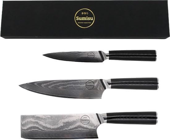 Japanische Messerset 3-teilig, Black Kollektion, 100% Damastmesser, Geliefert in luxuriöser Geschenk