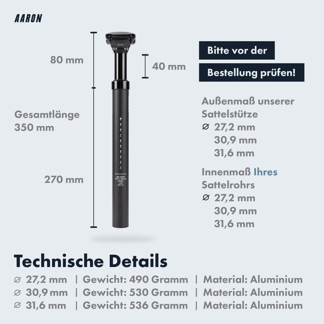 AARON Spring Federsattelstütze mit 27,2, 30,9 oder 31,6 mm Durchmesser - Gefederte Aluminium Sattels
