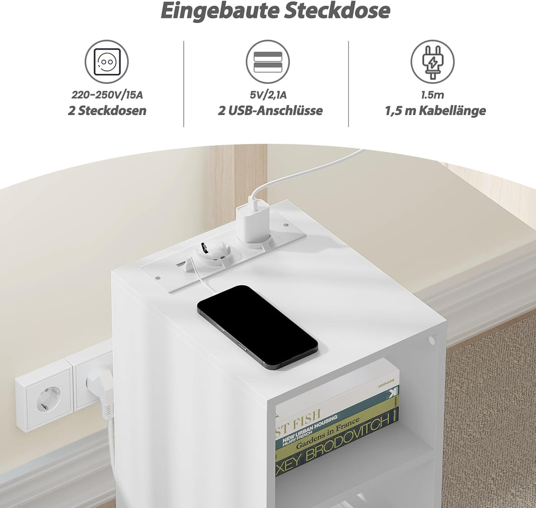 WOLTU 2er Set Nachttisch mit Ladefunktion, schmaler Kleiner Beistelltisch mit 2 Steckdosen 2 USB-Ans