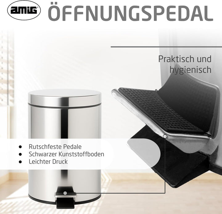 Amig – Kosmetikeimer mit Pedal 3L Linea – Polierter Edelstahl – Hygienische Öffnung – Ø16,8 x 25,5 c