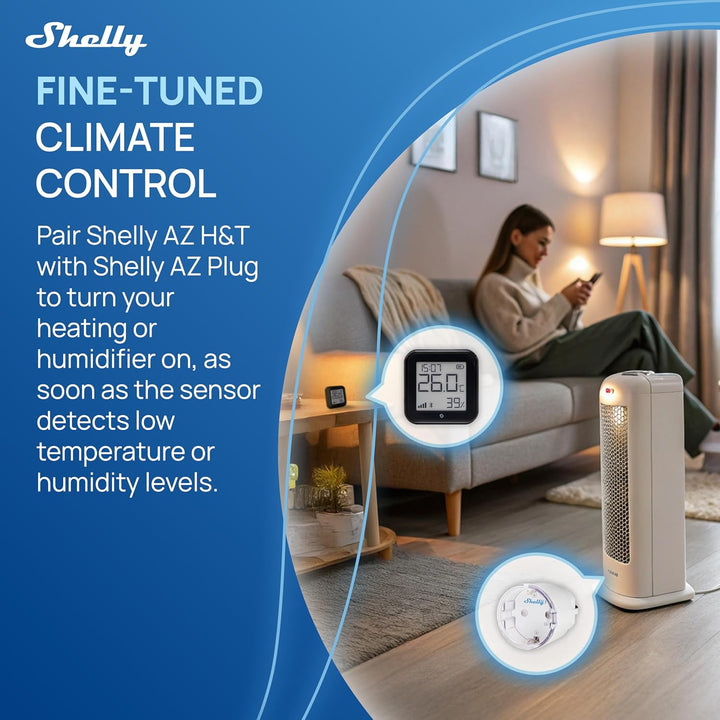 Shelly AZ H&T Schwarz, WLAN Smart Temperatur- und Feuchtigkeitssensor, Schnelle Verbindung mit Alexa