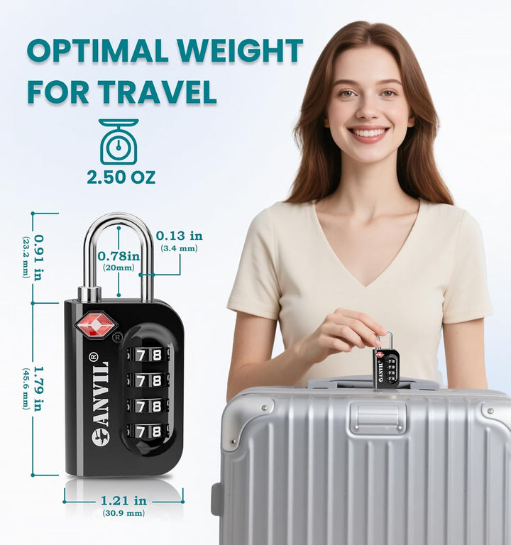 TSA Approved Luggage Lock - 4 Digit Combination padlocks with a Hardened Steel Shackle - Travel Lock