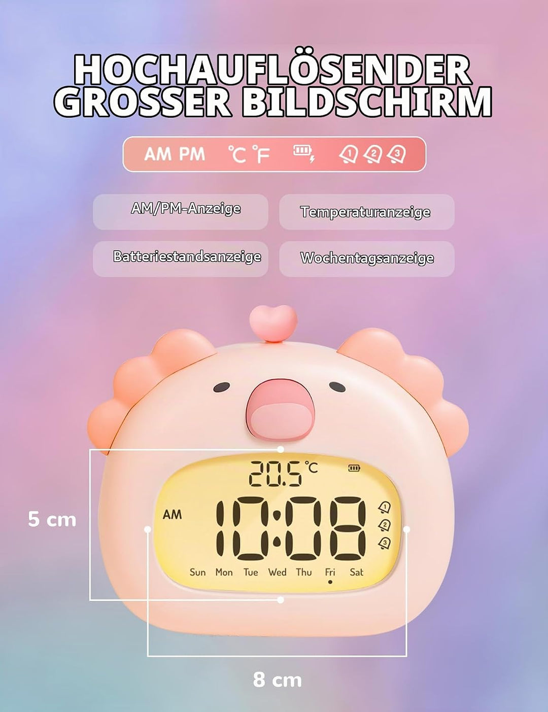 IHALO Cute Axolotl Kinderwecker, Nachttischwecker mit Nachtlicht, digitales LED-Display, 3,15 Zoll,
