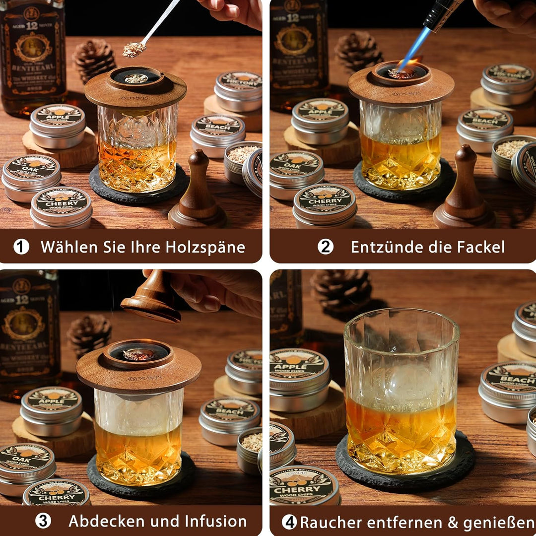 Whisky-Räucherset mit Fackel-6 Geschmacksrichtungen, Holzspäne, 2 Gläser, 6 Whiskysteine, Cocktail-R