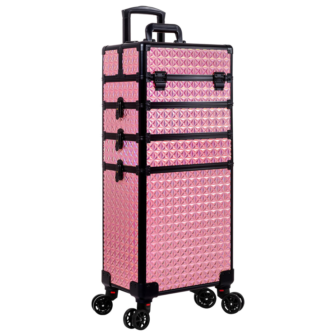 Arous 5-in-1 Profi-Kosmetikkoffer, Aluminium, mit 360° drehbaren Rädern Rosa, Rosa