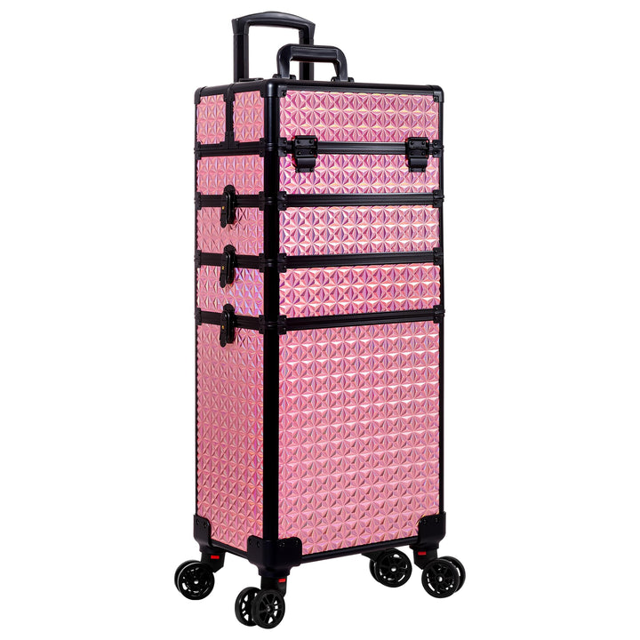 Arous 5-in-1 Profi-Kosmetikkoffer, Aluminium, mit 360° drehbaren Rädern Rosa, Rosa
