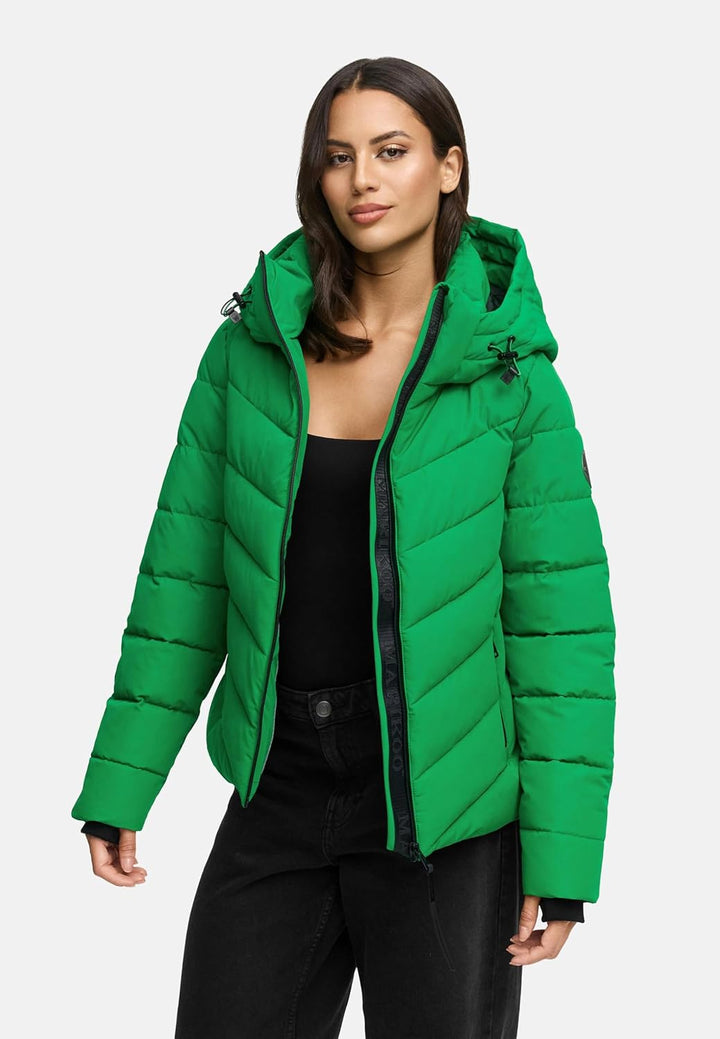 MARIKOO Damen Winterjacke warme Steppjacke mit abnehmbarer Kapuze Samuiaa XVI XS-3XL XS Smaragd Gree