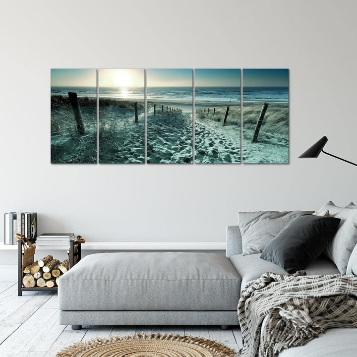 Runa Art Wandbild XXL Strand Sonnenuntergang Schlafzimmer Wohnzimmer 200 x 80 cm Türkis Grau 5 Teili