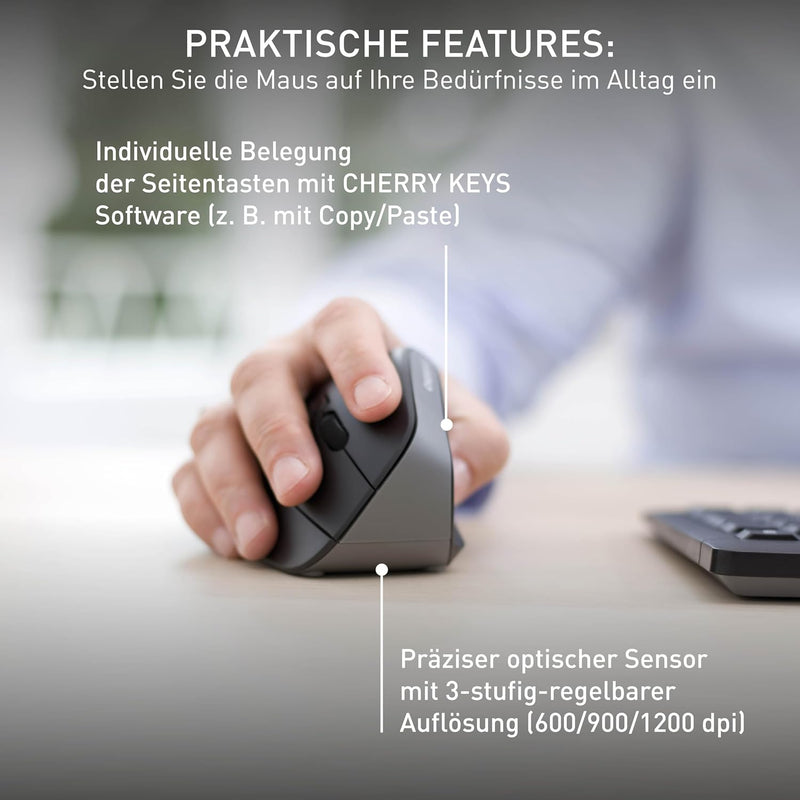 CHERRY MW 4500, Ergonomische Vertikale Maus für Rechtshänder, Kabellos (2,4 GHz Funk), 3-stufig rege