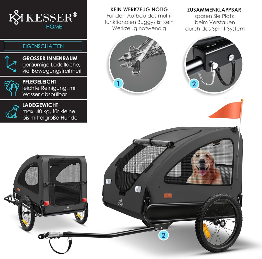 KESSER® Hundeanhänger Boxer 2-in-1 Hundebuggy Fahrradanhänger gross ca. 250L Volumen - Inkl. Fahne u