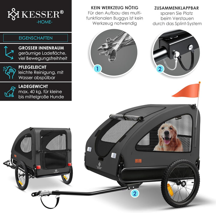 KESSER® Hundeanhänger Boxer 2-in-1 Hundebuggy Fahrradanhänger gross ca. 250L Volumen - Inkl. Fahne u