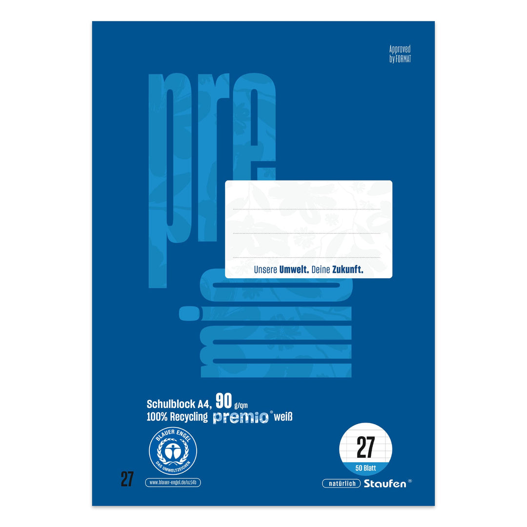 Staufen premio Schulblock - 5 Hefte je 50 Blatt, DIN A4, Lineatur 27 (9 mm liniert), 4-fach Lochung,