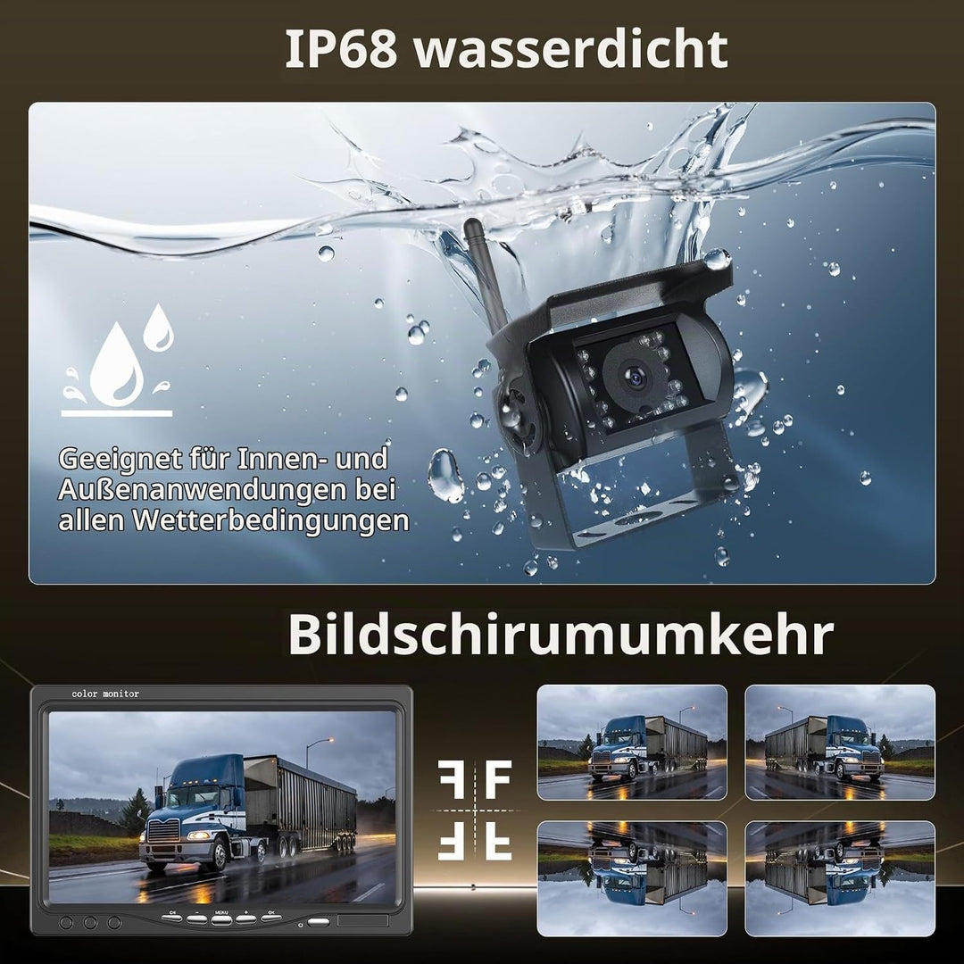 Hikity 12-36 Volt Digital 7 Zoll LCD Monitor Rückfahrkamera Kabellos Set, IP68 wasserdichte Nachtsic