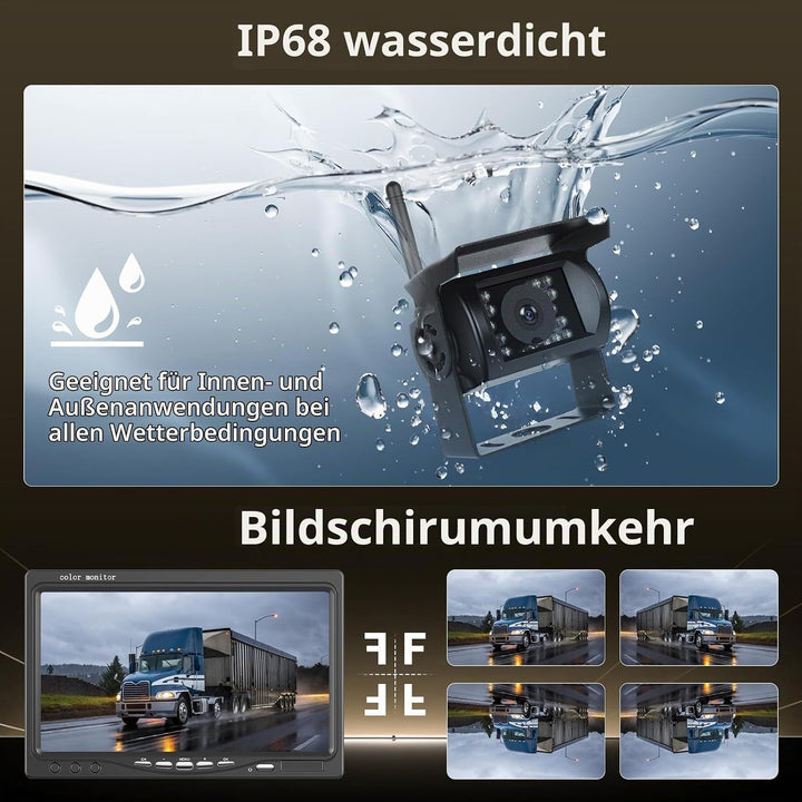 Hikity 12-36 Volt Digital 7 Zoll LCD Monitor Rückfahrkamera Kabellos Set, IP68 wasserdichte Nachtsic