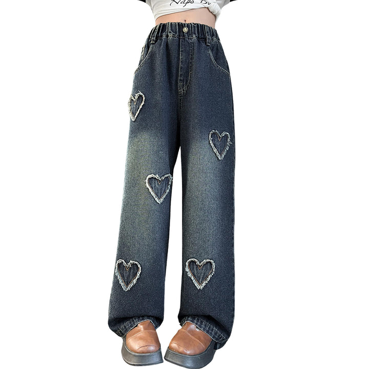 Rolanko Mädchen Jean Hosen Loch Denim Blau Jeans, Vintage Hose mit weitem Bein für Kinder Fit 8-9 Ja
