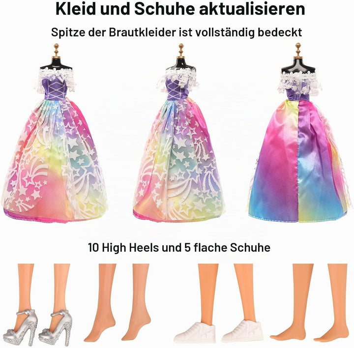 Miunana 47 Kleidung für 30 cm Puppen = 3 Casual Kleider + 2 Kleider + 2 Badekostüme + 3 Brautkleider