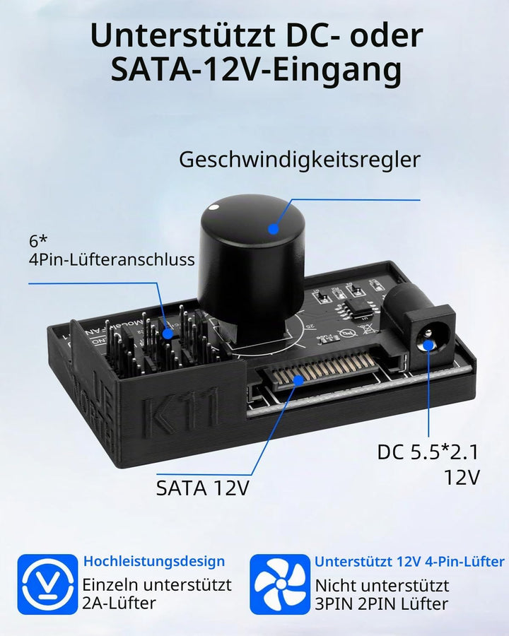 GELRHONR PWM-Lüfter-Hub Controller, 6-Port 4-Pin 12V PWM-PC-Lüftersteuerung, SATA und DC 5521 Strome