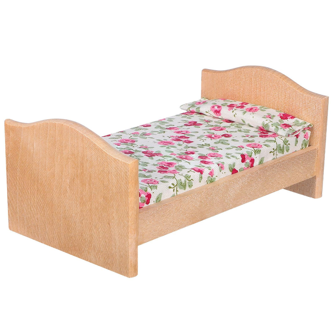 Kisangel 1 Set 1:12 Skala Mini-holzpuppenbett mit Rosenmuster Bettwäsche - Puppenhausmöbel für Puppe