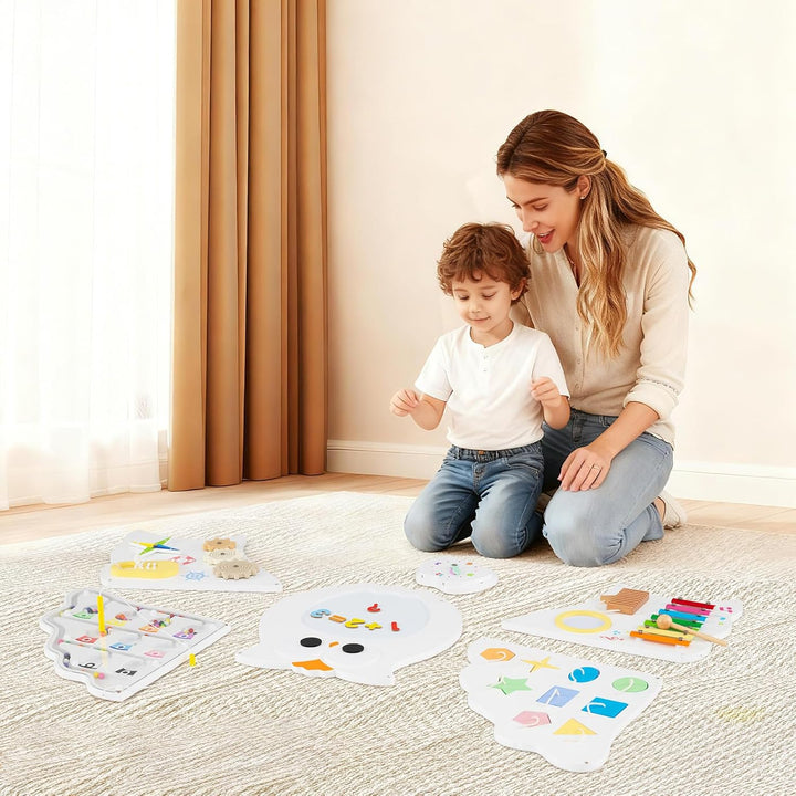 DREAMADE Montessori Busy Board, Motorikbrett aus Holz mit Blöcken & Xylophon & Zahnrädern & Uhr, Mon