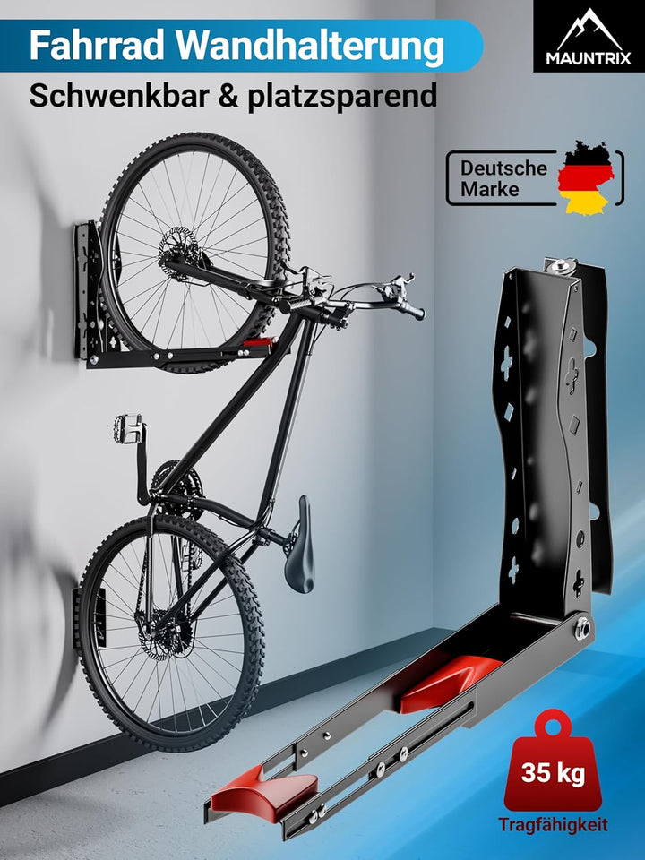 Mauntrix - schwenkbare Fahrradwandhalterung | Halterung für 16–29 Zoll Räder | Wandhalter aus Stahl
