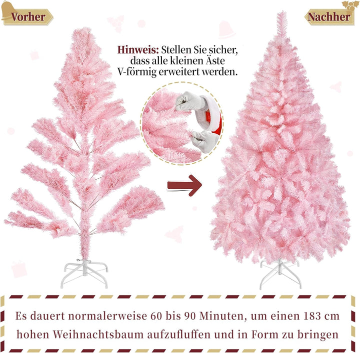 Yaheetech 183 cm Künstlicher Weihnachtsbaum Rosa, Tannenbaum mit 598 Spitzen & Faltbarem Metallständ