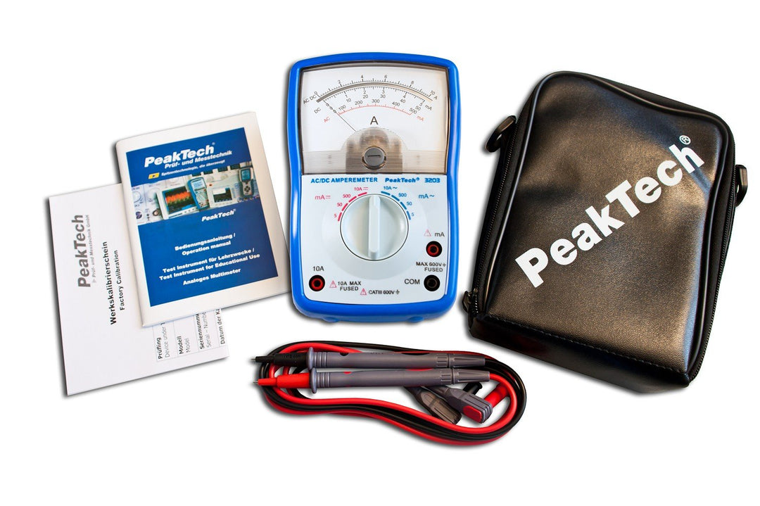 PeakTech Analog Amperemeter; Cat III 600V; Max. 10A AC/DC; 5mA/ 50mA/ 500mA/ 10A AC DC; analoges Ins