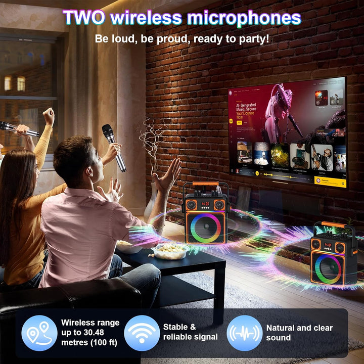 Karaoke Maschine mit 2 Mikrofone, GuKKK Tragbaren Bluetooth Lautsprecher Box und DJ-Lichtern für Erw
