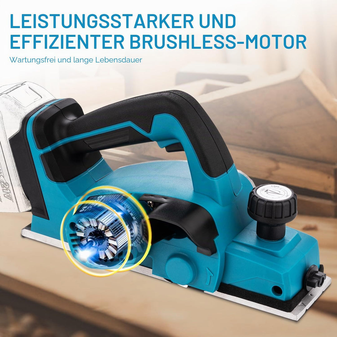 KATSU FIT-BAT Akku-Hobel 21V 82mm, Bürstenlos, 2mm Span, Alu-Sohle mit 3 V-Nuten, Extra Klingen, Ohn