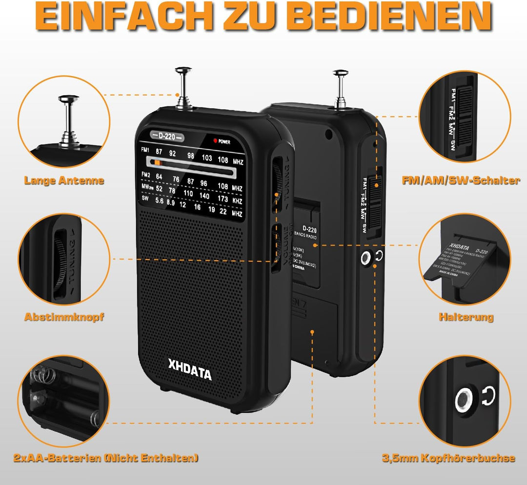 XHDATA D220 Radio Klein, FM AM UKW Radio, BatteriebetriebenesRadio, WeltempfängerRadio, Taschenradio