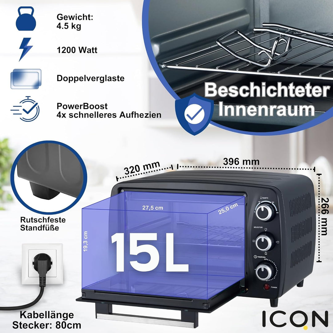ICQN Kompakter Minibackofen 15 Liter, 1200W, 60 min-Timer, 3 Kochfuntionen, 90°-230°C, Kleiner Campi