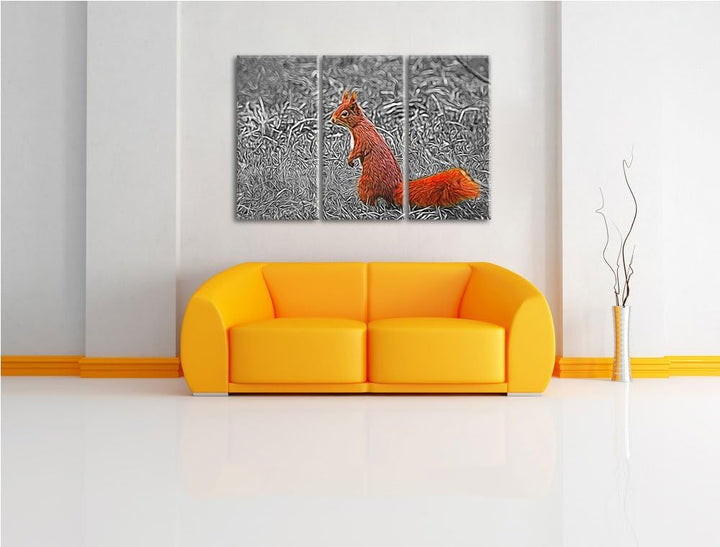 kleines Eichhörnchen auf Waldboden schwarz/weiss Spezial 3-Teiler Leinwandbild 120x80 Bild auf Leinw