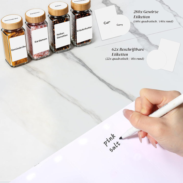 MHDCLY 24er Set Gewürzgläser Eckig mit Bambusdeckel (120ml) - Luftdichte Spice Jars &amp; Gewürzstreuer