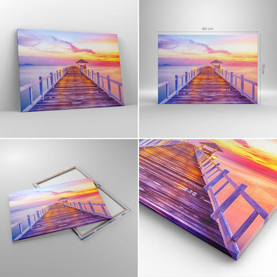 Bilder auf Leinwand 100x70cm Leinwandbild Sonnenuntergang Wasser Brücke Horizont Gross Wanddeko Bild