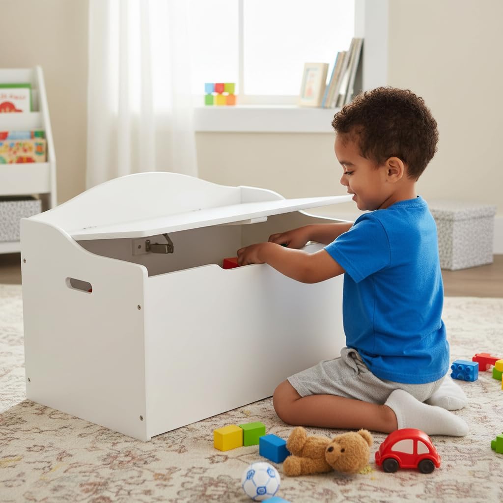 Leomark Kinderbank Hölzerne - Classic White XL - Kindertruhenbank, Behälter für Spielzeug, Truhe für